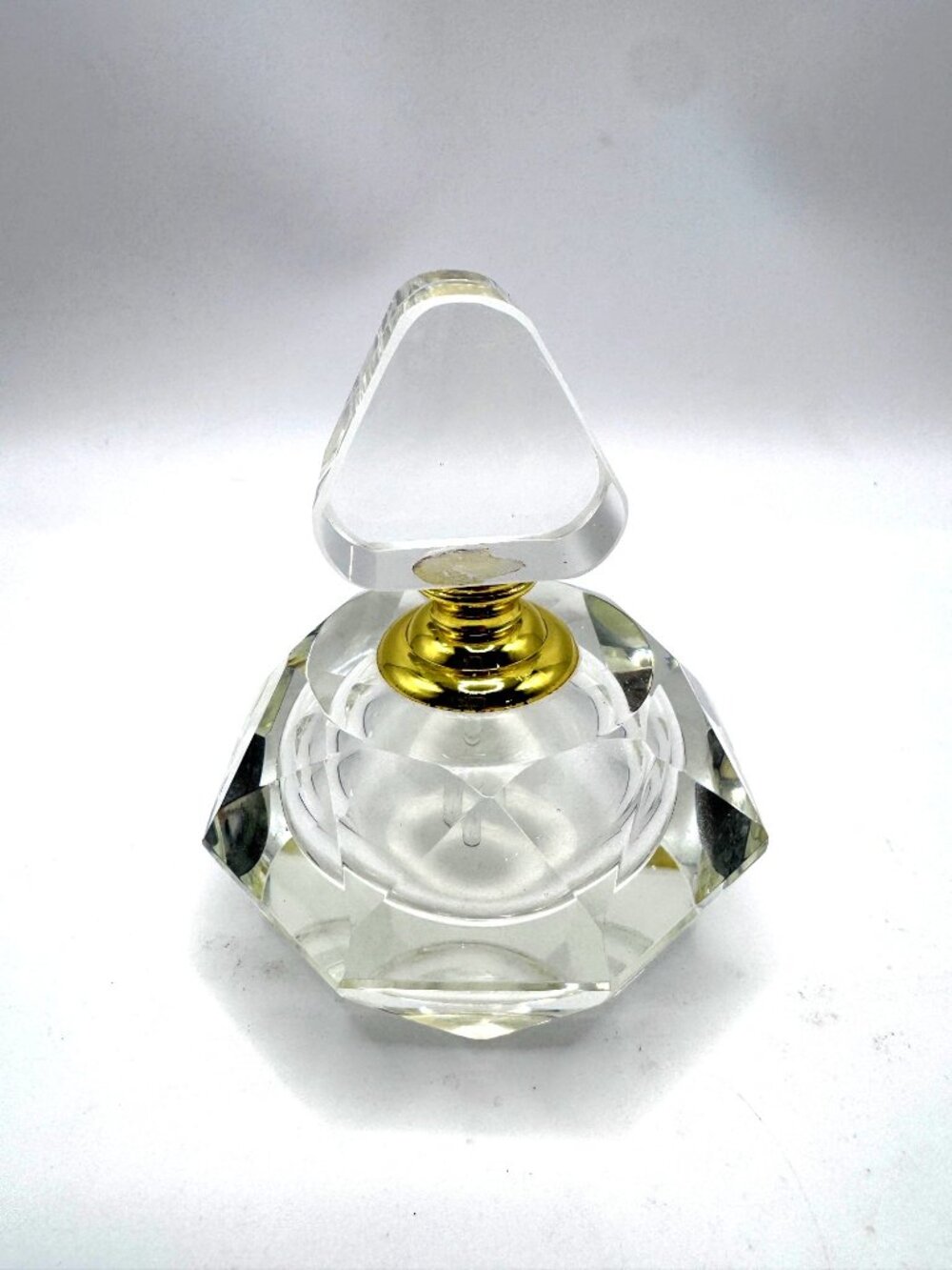 Vintage Crystal Glass Perfume Bottle Gold-Tone Accents Faceted Stopper
